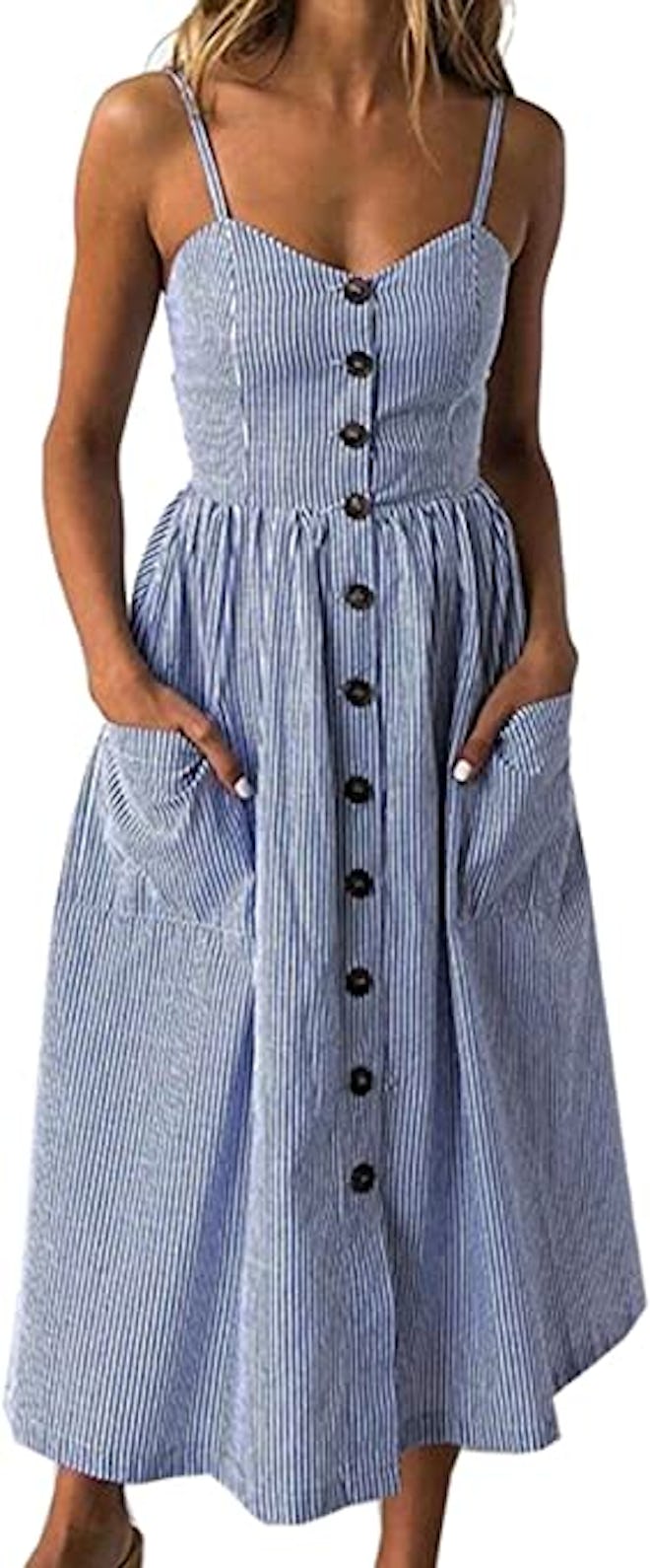 Angashion Adjustable Spaghetti Strap Button Down Midi Dress With Pockets