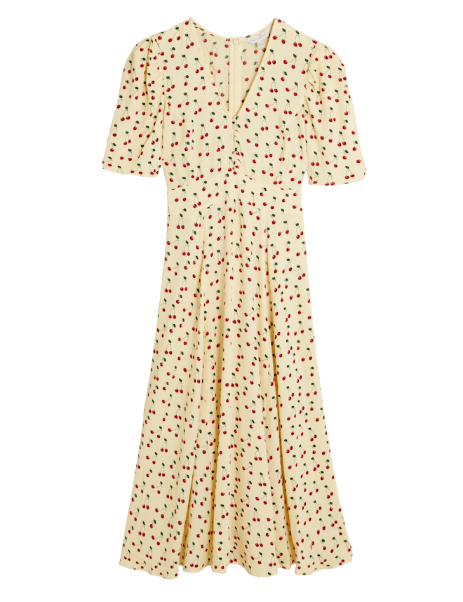 M&S X Ghost Cherry Print Button Detail Midi Tea Dress