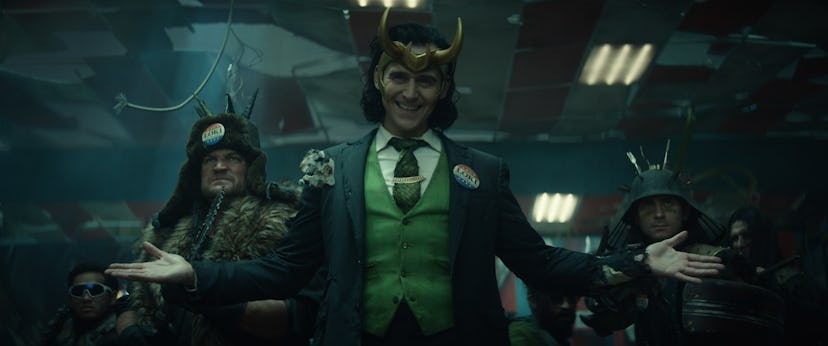 Loki appears in campaign attire in a promo for 'Loki,' which premieres June 9. Photo via Disney+