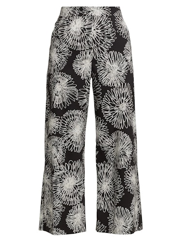 Drawing Flowers Printed Stretch Poplin Wide-Leg Trousers