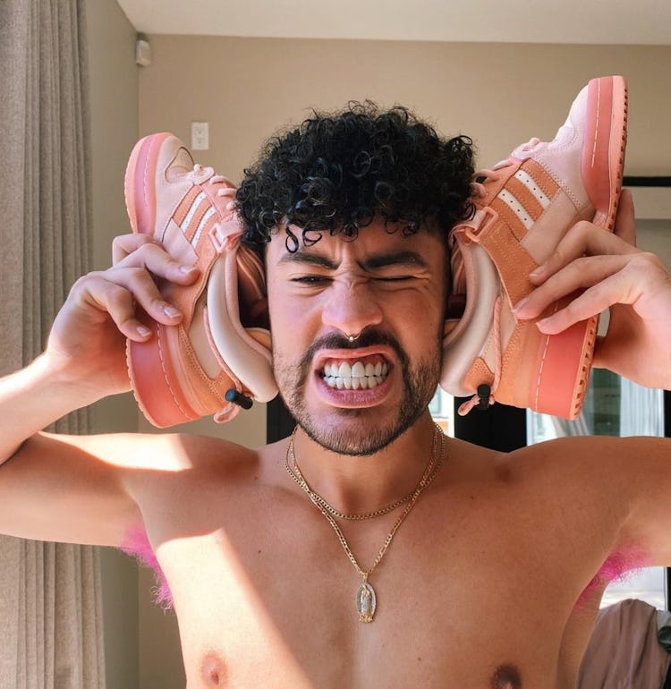 Bad Bunny holding his "Easter Egg" Adidas Forum Low