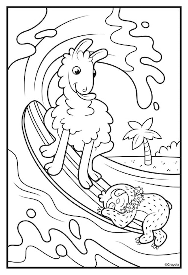 kids' coloring page featuring a llama on a surfboard with a sloth at the edge of it