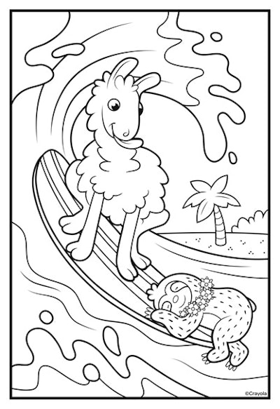 kids' coloring page featuring a llama on a surfboard with a sloth at the edge of it