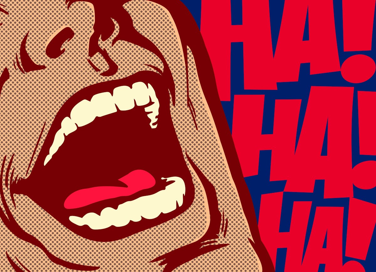 Pop art style comics panel mouth of man laughing out loud comedy lol vector illustration