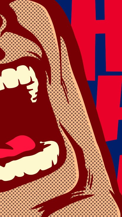 Pop art style comics panel mouth of man laughing out loud comedy lol vector illustration