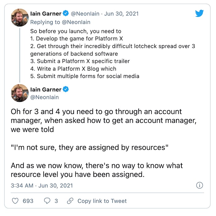 Disgruntled game developers took to Twitter on Wednesday to complain about the process for publishin...