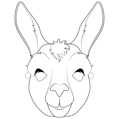 kids' coloring page featuring llama closeup up face that can be used to make a mask