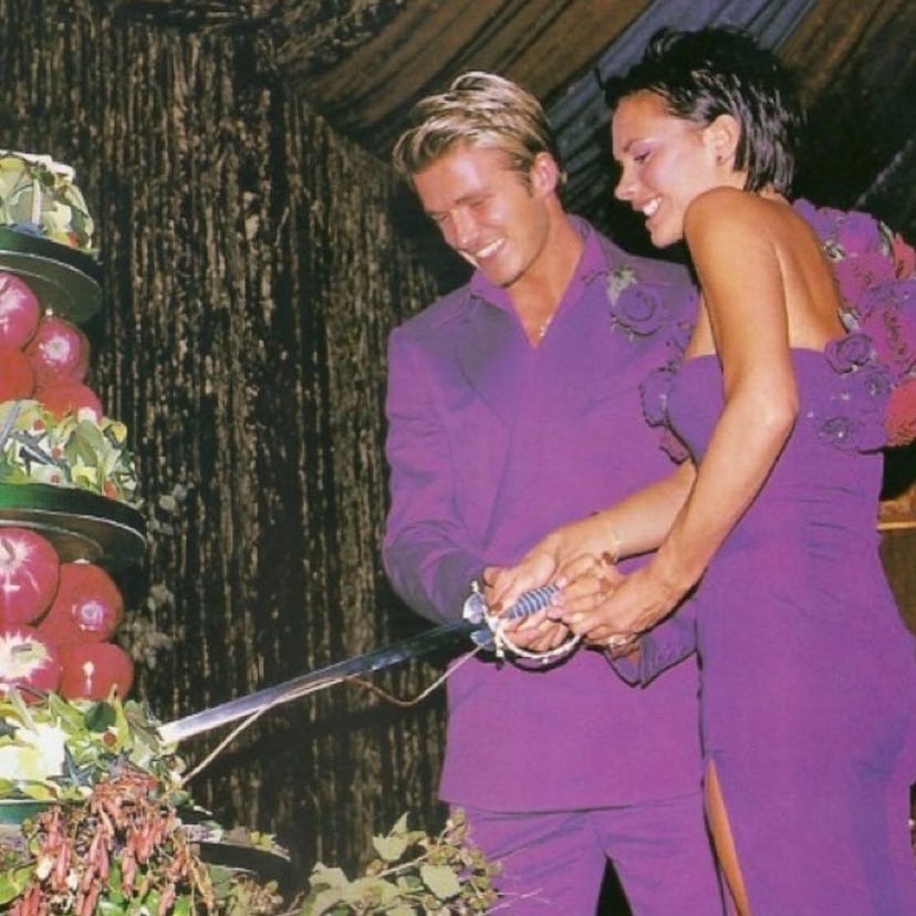 David and Victoria Beckham matching in purple at their wedding