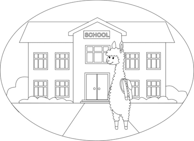 a kids coloring page featuring a llama outside a school building