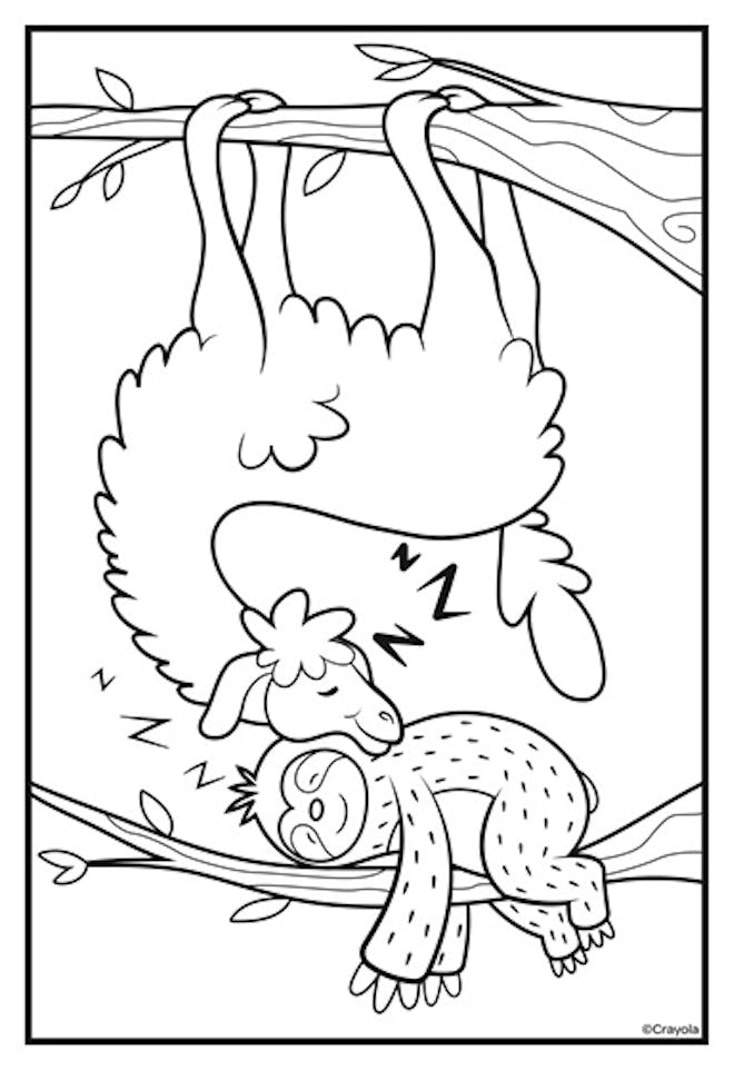 kids' coloring page featuring llama and sloth napping together on two separate tree branches