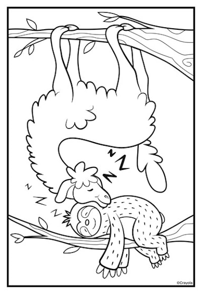 kids' coloring page featuring llama and sloth napping together on two separate tree branches