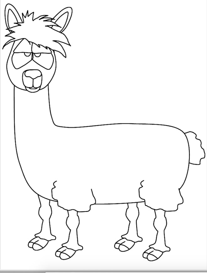 kids' coloring page featuring llama with a board expression and a jagged haircut