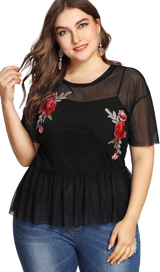 Shein Rose Embroidered Sheer Mesh Peplum Blouse