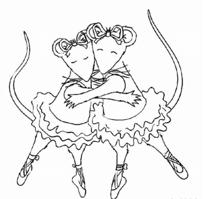 Two mice ballerinas hug while wearing tutus