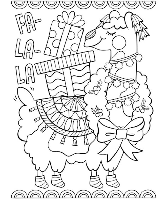 kids' coloring page featuring llama holding presents on its back with the words fa-la-la on the side