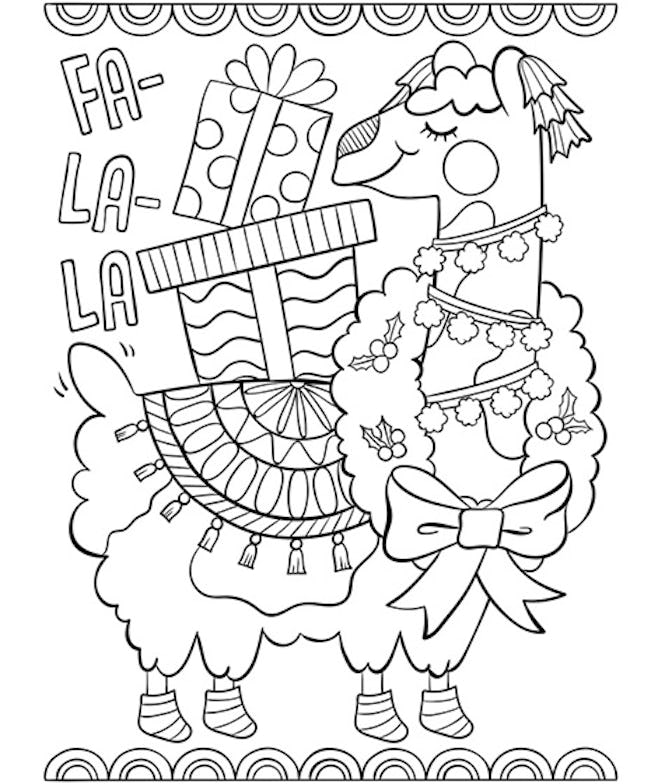 kids' coloring page featuring llama holding presents on its back with the words fa-la-la on the side