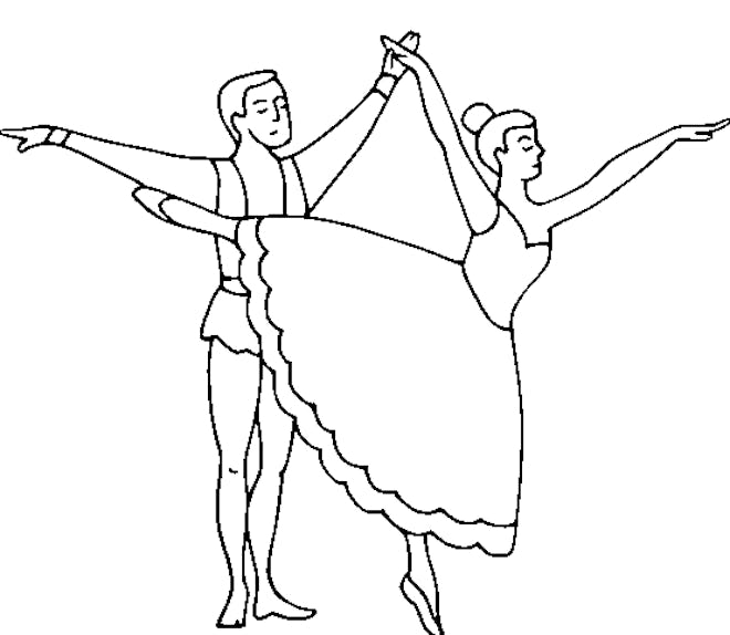A couple dancing together with the woman on point being held by the male dancer's hand