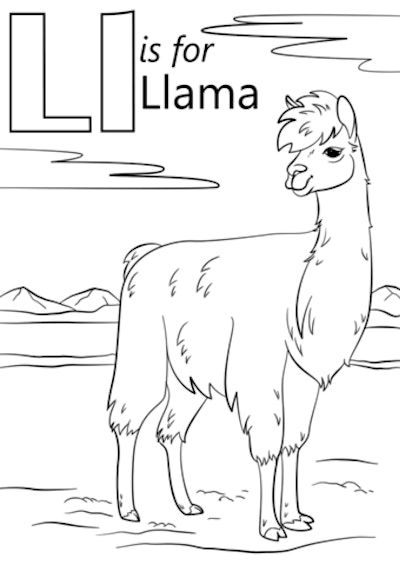kids' coloring page featuring a realistic llama and L is llama on the side