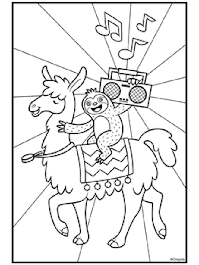 kids coloring page featuring a sloth holding a boombox, riding on a llama