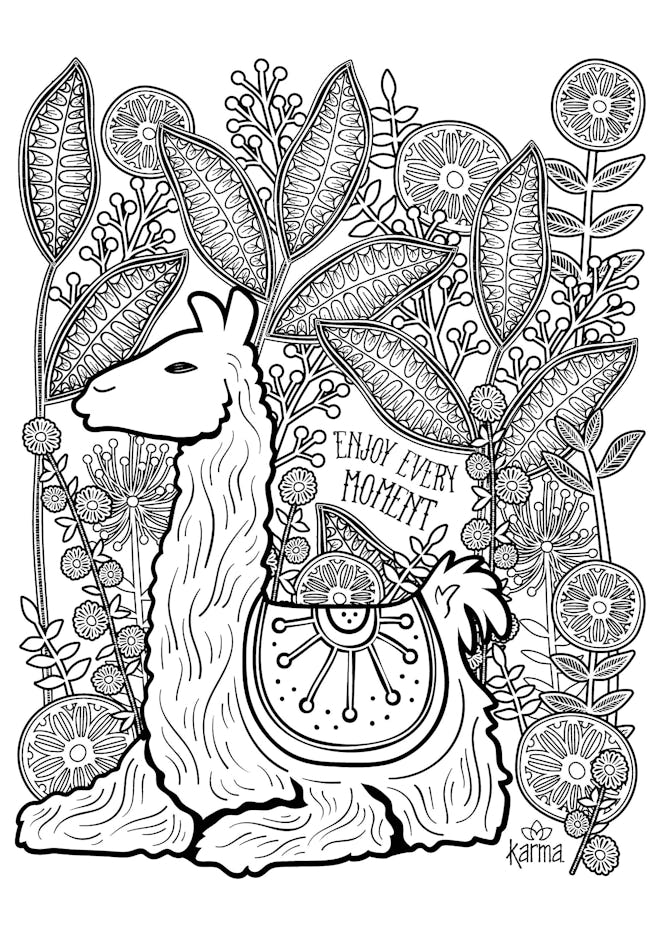 coloring page featuring intricate llama with maze-like design inside and on leaves