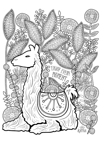 coloring page featuring intricate llama with maze-like design inside and on leaves