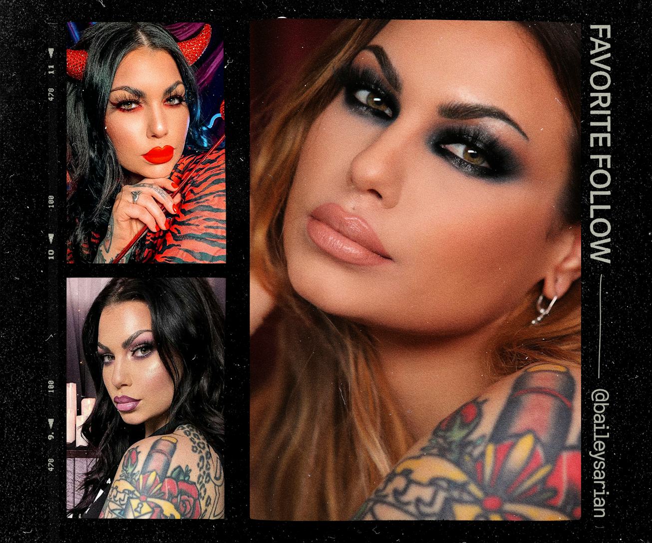 Three-part collage of the murder mystery and makeup series YouTuber Bailey Sarian with a retro filte...