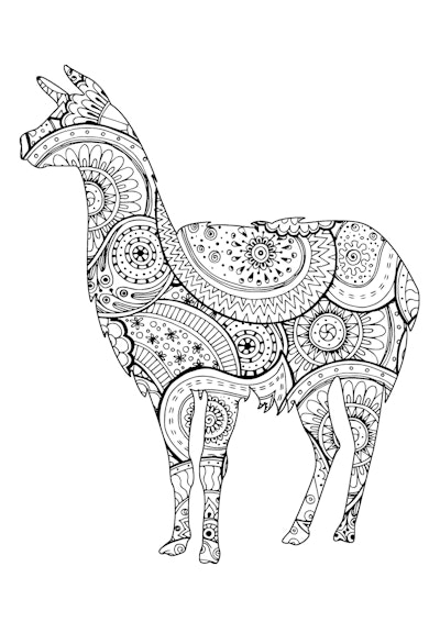 kids' coloring page featuring llama with intricate paisley design inside body