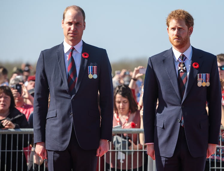 Prince William and Prince Harry standing next to each other in suits with poppies on