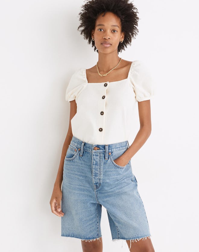 Jacquard Square-Neck Puff-Sleeve Top
