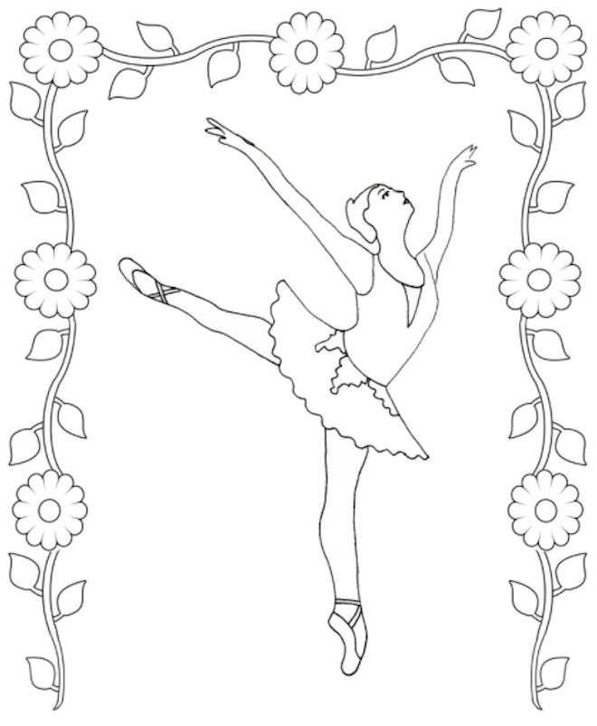 Illustration of a ballerina on point surrounded by a frame of flowers