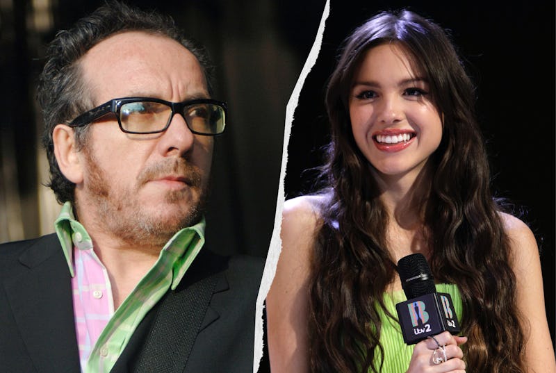 Elvis Costello and Olivia Rodrigo in a side by side split image