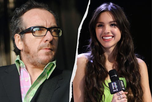 Elvis Costello and Olivia Rodrigo in a side by side split image