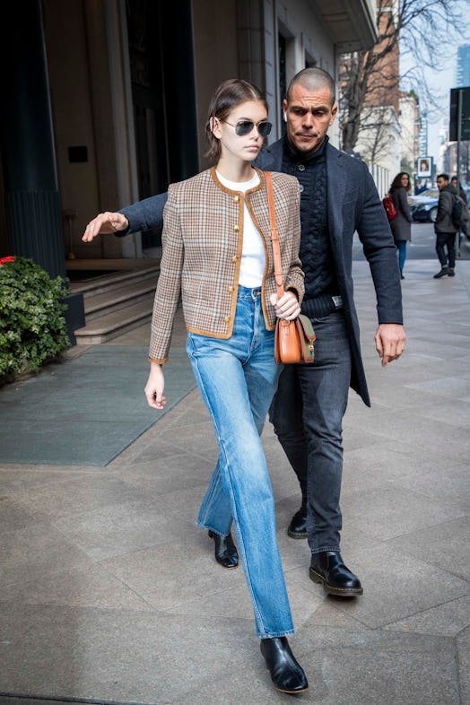 Kaia Gerber steps out during Milan Fashion Week Fall/Winter 2020-2021 in Milan, Italy in February 20...