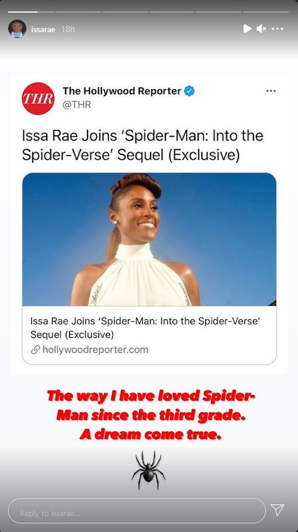 Issa Rae reacted to joining the 'Spider-Man: Into the Spider-Verse' sequel on Instagram