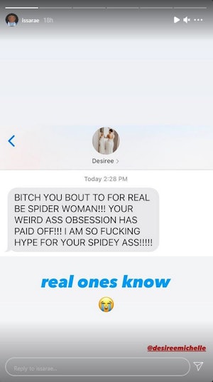 Issa Rae shares a friend's text message reaction to her Spider-Woman casting