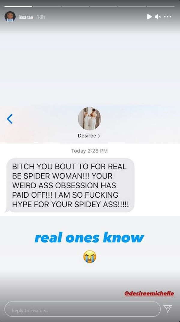 Issa Rae shares a friend's text message reaction to her Spider-Woman casting