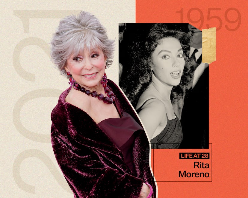 A collage of Rita Moreno now and when she was 28
