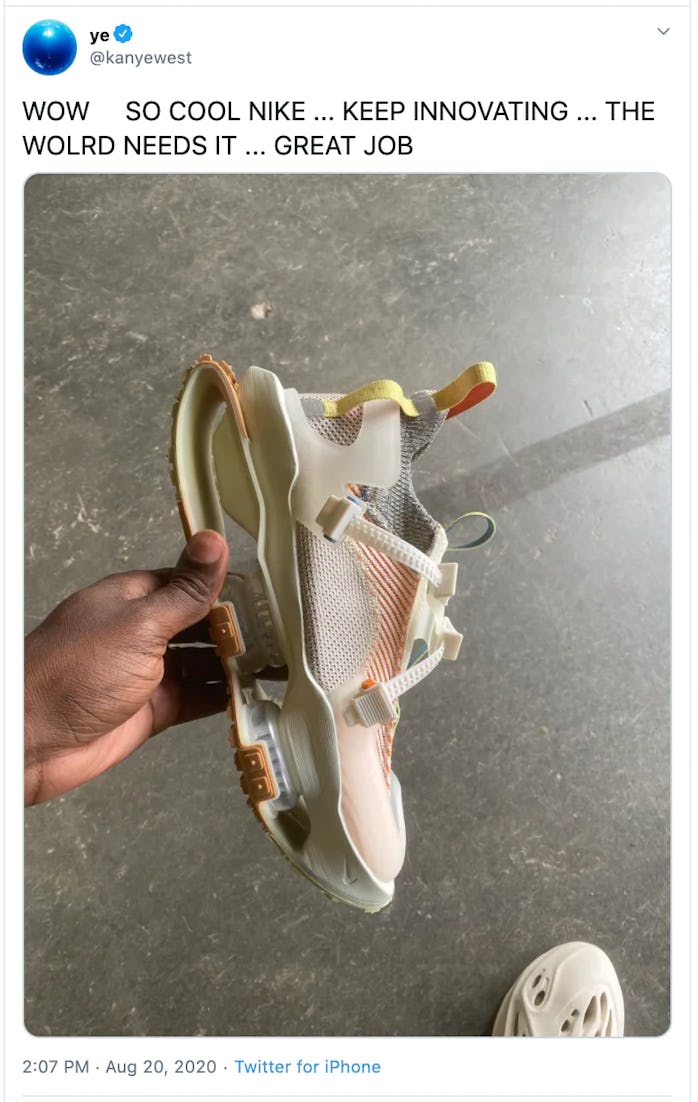 Kanye West tweet, holding Nike ISPA Road Warrior sneaker