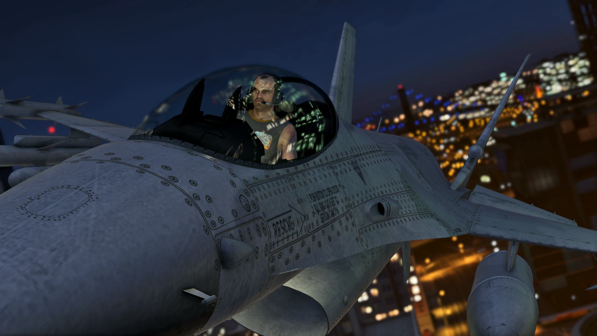 Trevor Phillips piloting a fighter jet in Grand Theft Auto V. Video games. Gaming. Rockstar games.