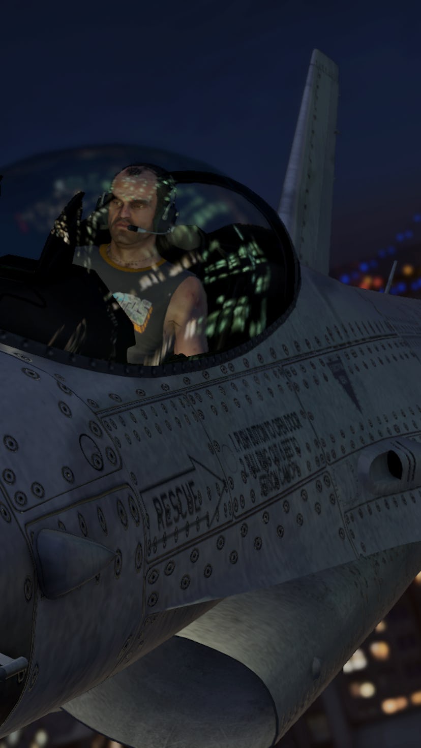 Trevor Phillips piloting a fighter jet in Grand Theft Auto V. Video games. Gaming. Rockstar games.