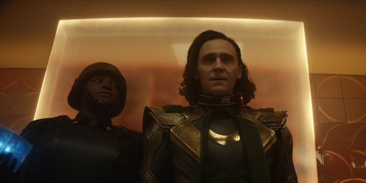 Wunmi Mosaku as Hunter B-15 and Tom Hiddleston as Loki minutes after his escape in Avengers: Endgame