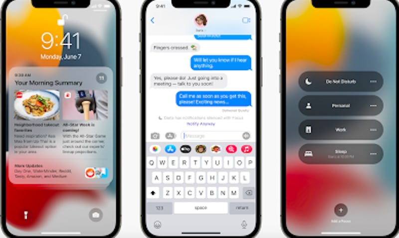 Screenshots of Apple's new focus feature on iOS 15 for iPhone.
