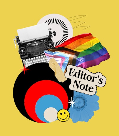Collage of "Editor's Note" text, an LGBTQ+ rainbow flag, and a flower