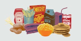An illustration with classic kid foods like mac and cheese, fries, chocolate milk and other