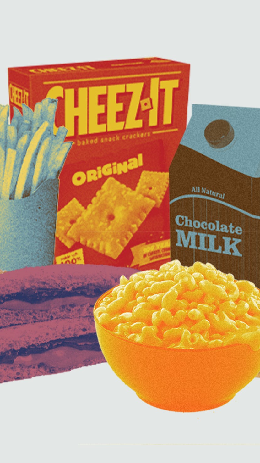 An illustration with classic kid foods like mac and cheese, fries, chocolate milk and other