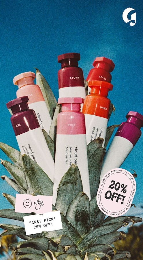 Glossier summer sale ad with cream blushes and plants
