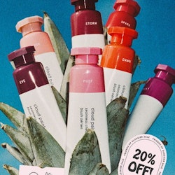 Glossier summer sale ad with cream blushes and plants