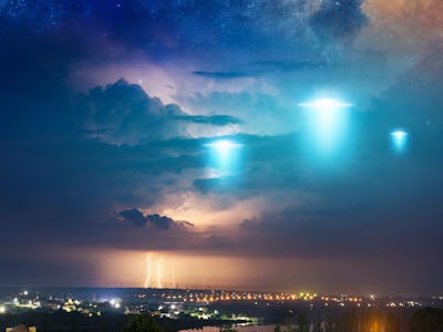 dark skies with lightning that looks like ufos