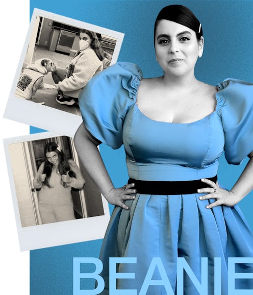 American actress Beanie Fledstein in a light blue dress with a black belt