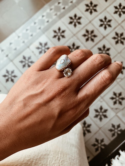 Tessa Tran wearing her heirloom engagement ring and Chan Luu’s Oasis Ring.